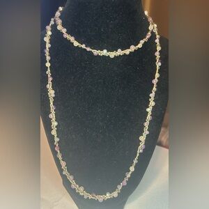 Elegant Amber and Plum Beads on Gold Cord Necklace with Button Closure.